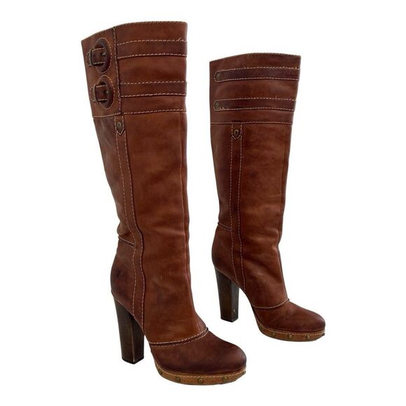 Frye Womens Size 7 Brown Leather Frankie Buckle Boots Knee High Heeled - Picture 1 of 7